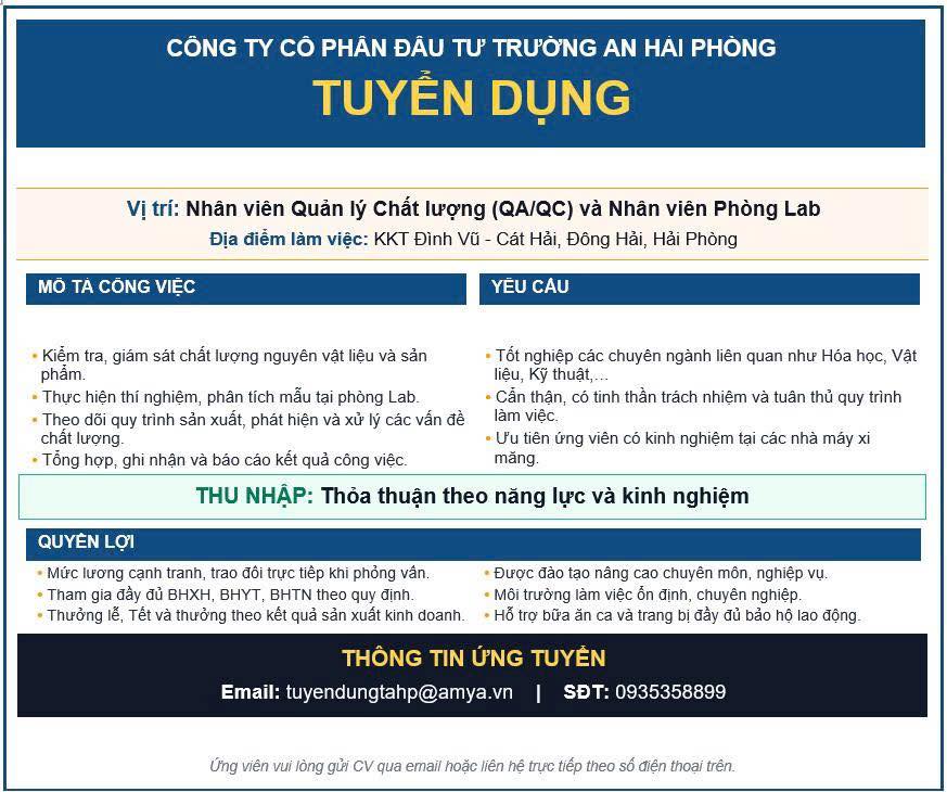 [TUYỂN DỤNG] CÔNG TY CỔ PHẦN ĐẦU TƯ TRƯỜNG AN HẢI PHÒNG