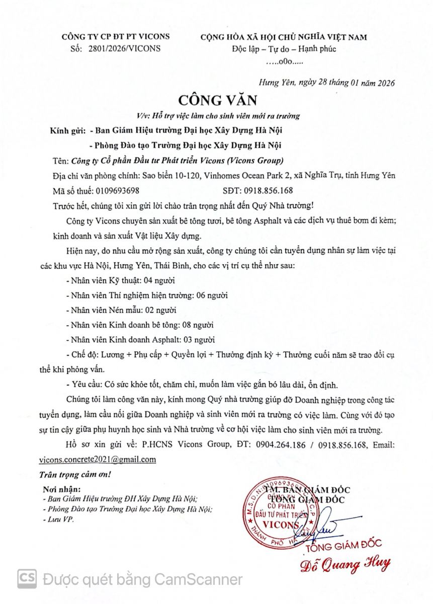 [TUYỂN DỤNG] CÔNG TY CP ĐT PT VICONS