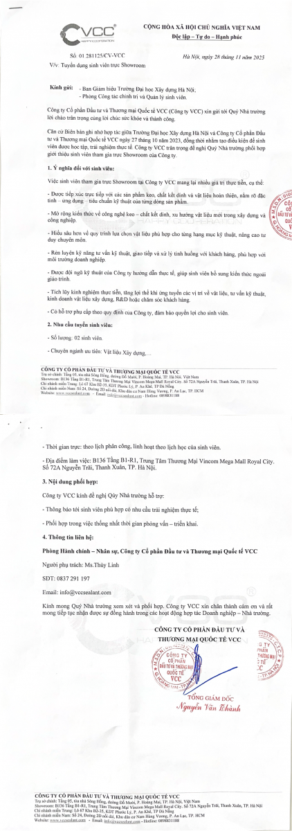 [TUYỂN DỤNG] CÔNG TY CỔ PHẦN ĐẦU TƯ VÀ THƯƠNG MẠI QUỐC TẾ VCC