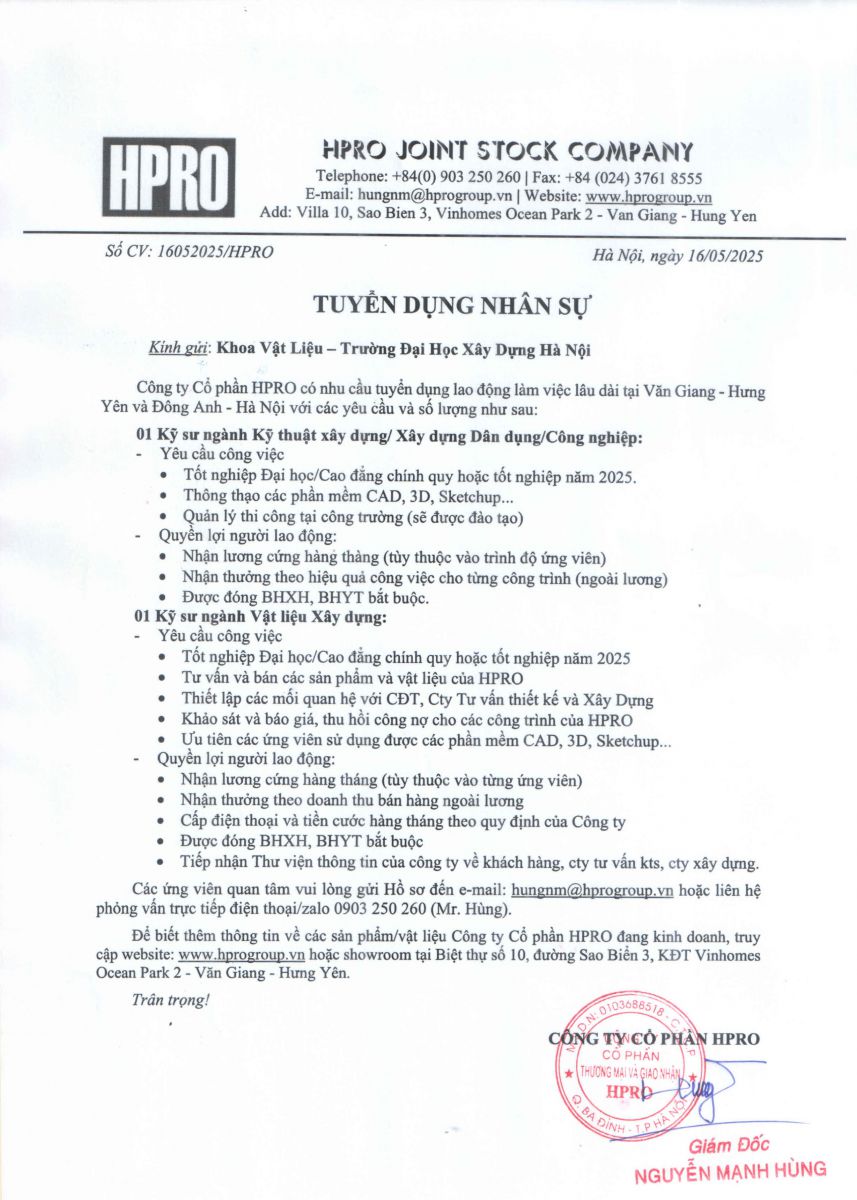 Công ty Cổ phần HPRO tuyển dụng kỹ sư VLXD
