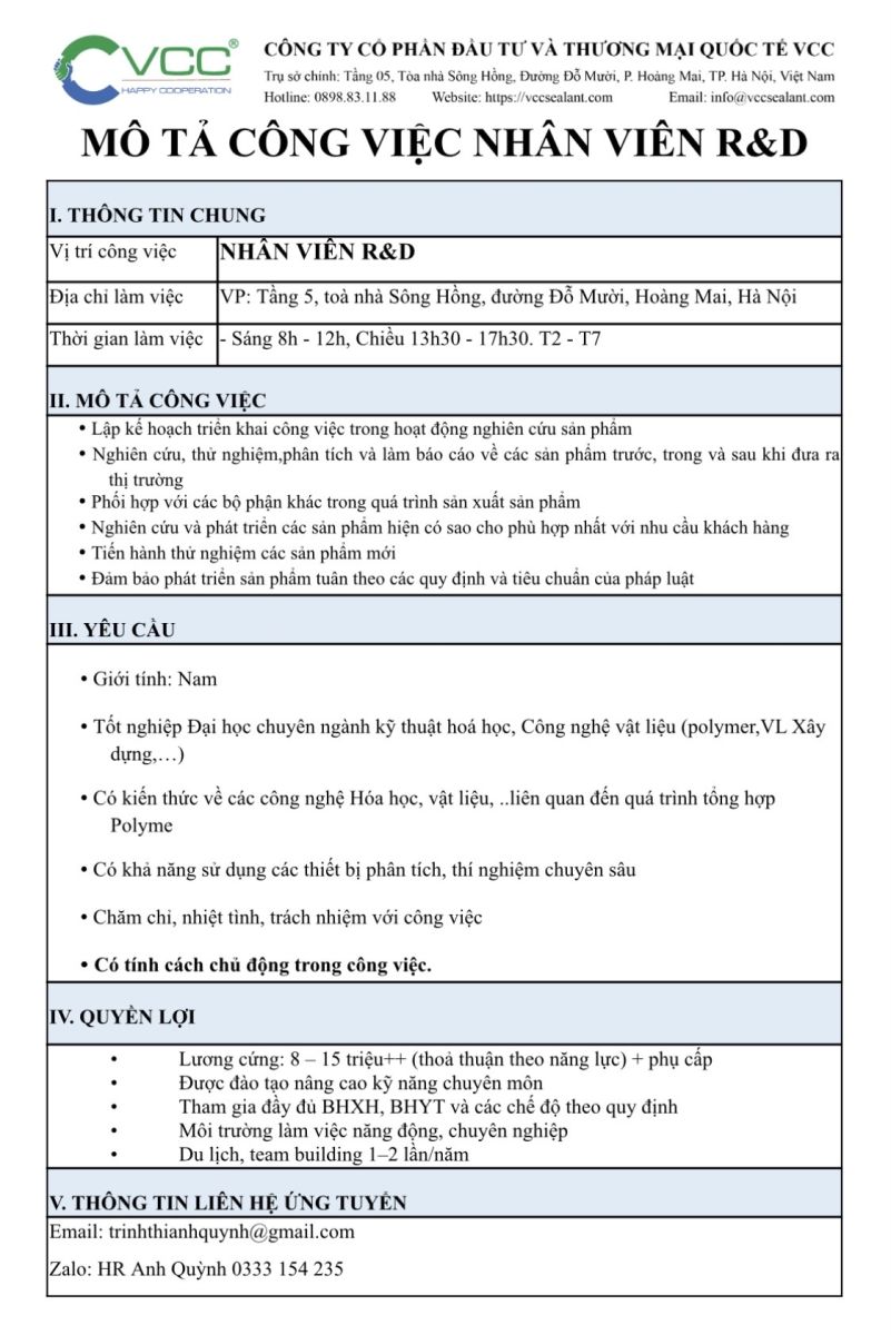 [TUYỂN DỤNG] CÔNG TY CỔ PHẦN ĐẦU TƯ VÀ THƯƠNG MẠI QUỐC TẾ VCC