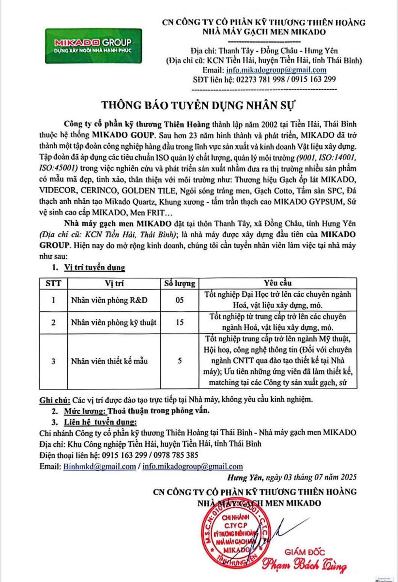 [TUYỂN DỤNG] NHÀ MÁY GẠCH MEN MIKACO