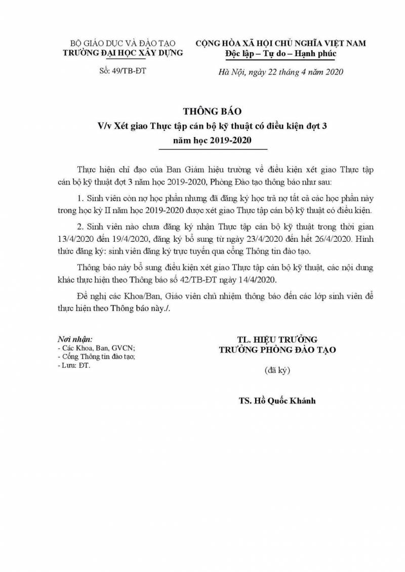 Thông báo về xét giao Thực tập cán bộ kỹ thuật có điều kiện đợt 3 năm học 2019-2020